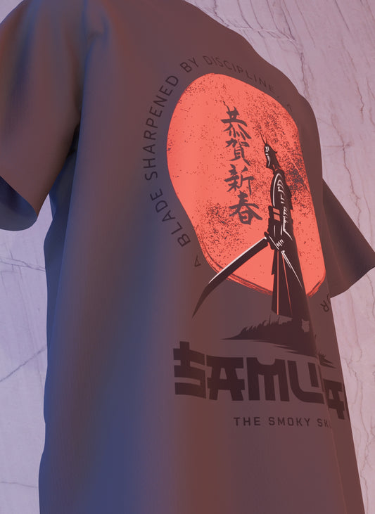 Black oversized teewith samurai warrior and red sun graphic print – The Smoky Skull front design side view