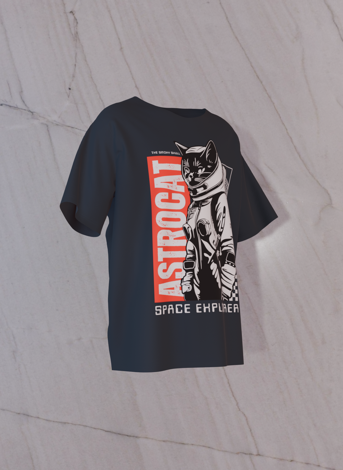 Navy Blue oversized t-shirt with text 'Astrocat space explorer' graphic print – The Smoky Skull front design