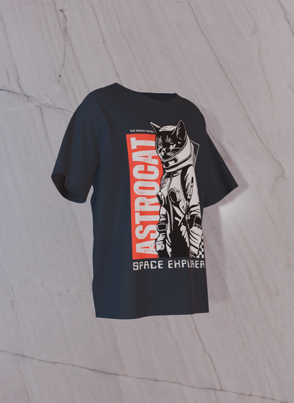 Navy Blue oversized t-shirt with text 'Astrocat space explorer' graphic print – The Smoky Skull front design