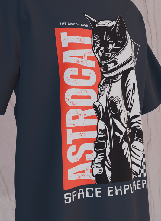 Navy Blue oversized tshirt with text 'Astrocat space explorer' graphic print – The Smoky Skull front design