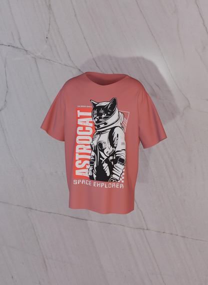 Coral red oversized t-shirt with text 'Astrocat space explorer' graphic print – The Smoky Skull front design