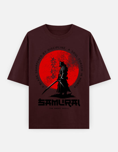 Maroon oversized t-shirt with samurai warrior and red sun graphic print – The Smoky Skull front design front view