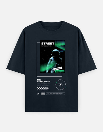 Navy Blue oversized tshirt with astronaut streetwear graphic and text print – The Smoky Skull front design