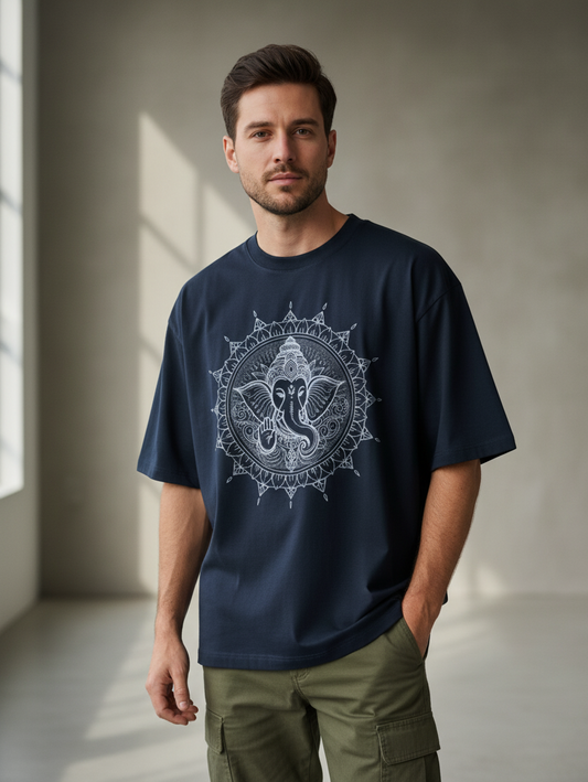 Man wearing oversized Navy Blue t-shirt with Mandala Shree Ganesha white graphic print – The Smoky Skull