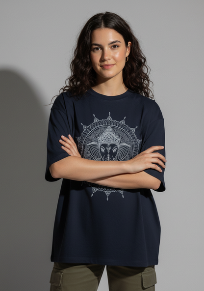 Woman wearing oversized Navy Blue t-shirt with Mandala Shree Ganesha white graphic print – Smoky Skull