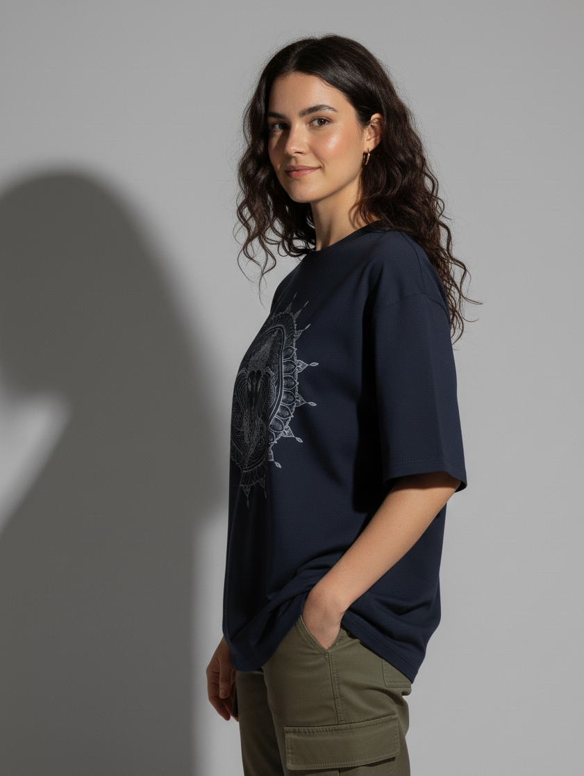 Woman wearing oversized Navy Blue t-shirt with Mandala Shree Ganesha white graphic print – The Smoky Skull