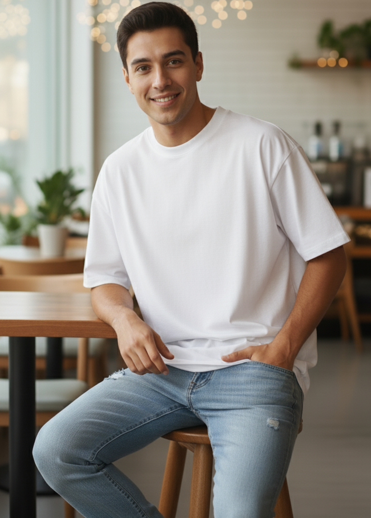 Man sitting on a stool in a casual setting wearing a white oversized t-shirt of brand The Smoky Skull