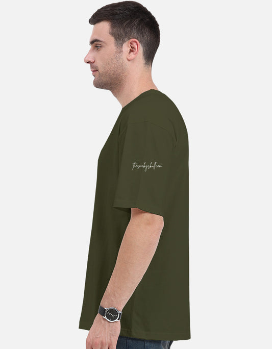 Plain Olive Green oversized t-shirt – The Smoky Skull Side view Shades of Green