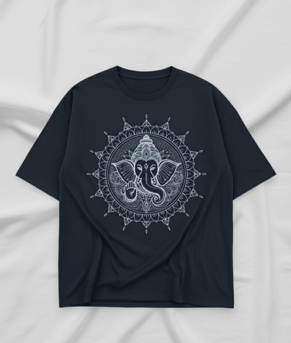 Unisex oversized navy blue t-shirt with white Mandala Shree Ganesha graphic print – The Smoky Skull