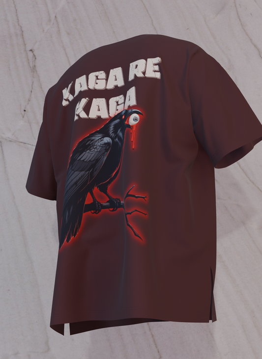 Maroon oversized t-shirt with crow holding eyeball graphic and bold Kaga Re Kaga text – The Smoky Skull back design