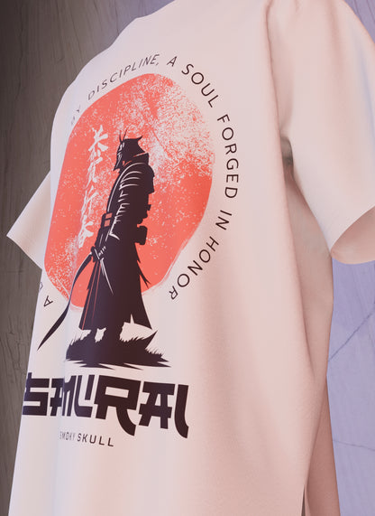 Off White oversized t-shirt with samurai warrior and red sun graphic print – The Smoky Skull front design side view