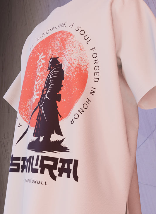 Off White oversized t-shirt with samurai warrior and red sun graphic print – The Smoky Skull front design side view