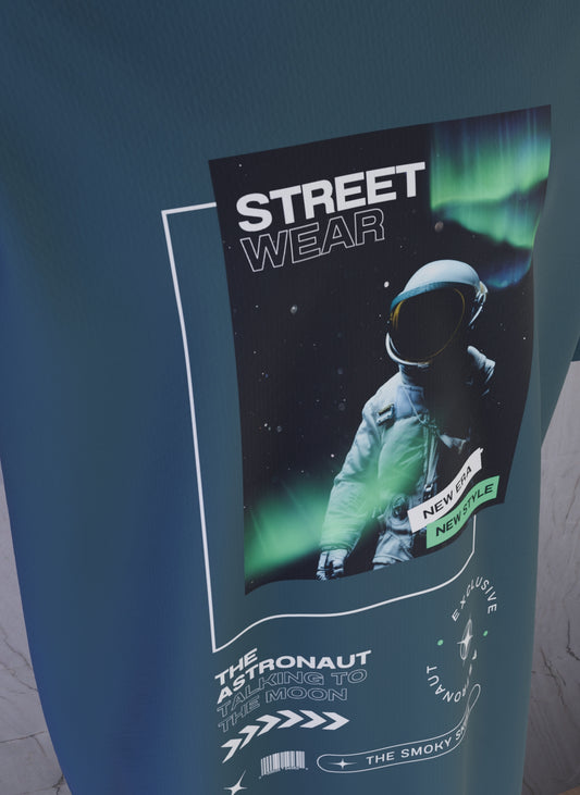 Petrol Blue oversized t-shirt with astronaut streetwear graphic and text print – The Smoky Skull front design