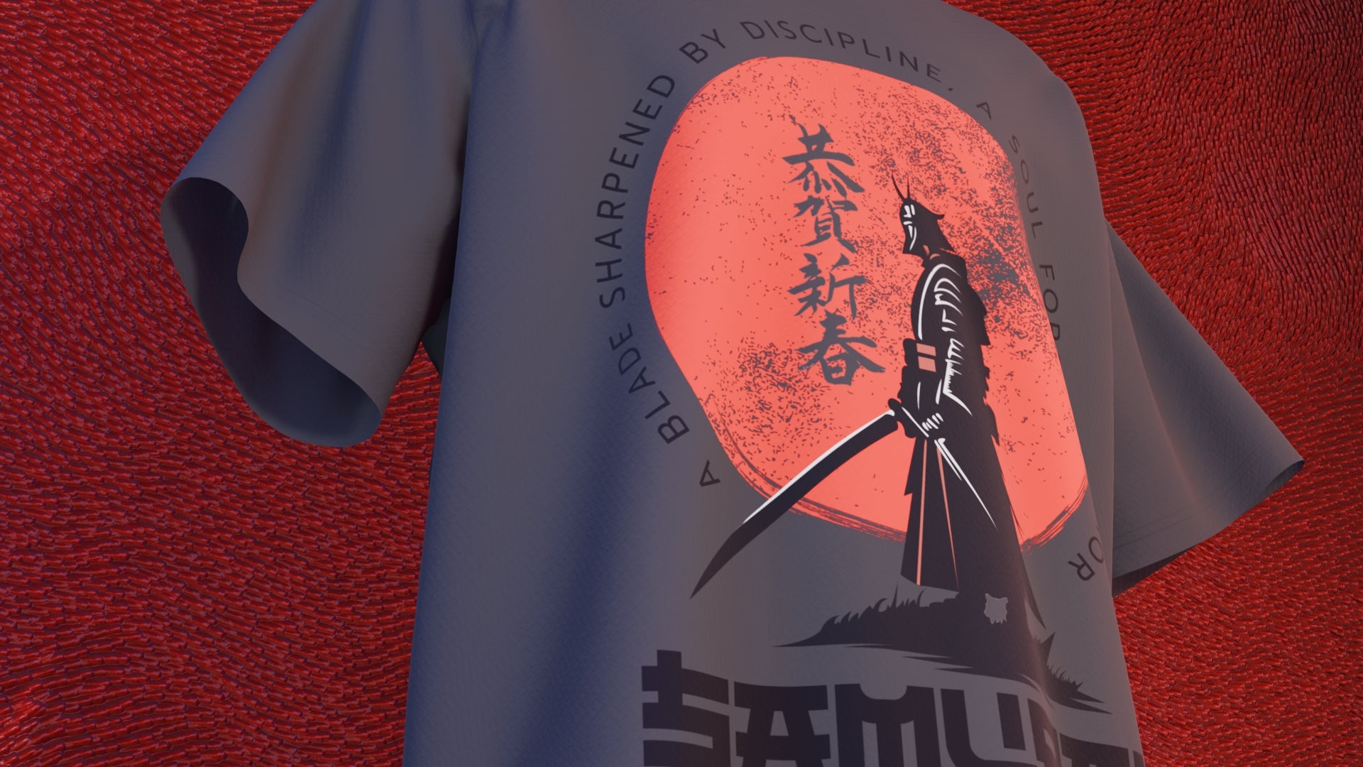 Oversized  T-shirt with a samurai design and text on a red background